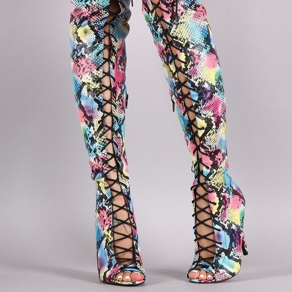 RAINBOW PYTHON LACE-UP STILETTO OVER-THE-KNEE BOOTS - Picture 3 of 8